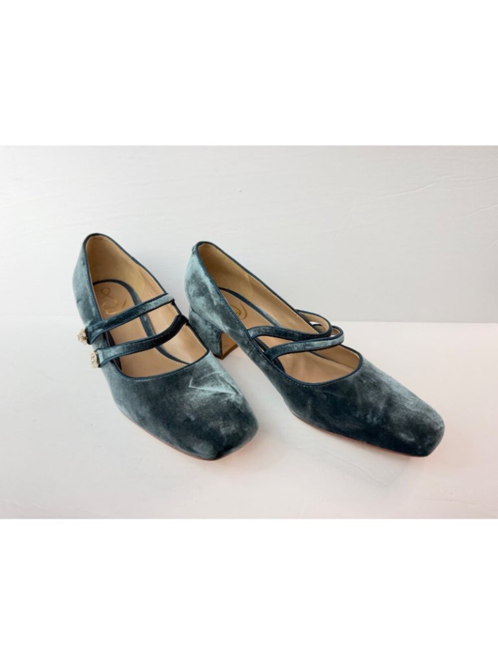 Sam Edelman Women's Tahira Heels Teal Velvet Double Strap Block Heel Size 9.5 - Picture 3 of 16